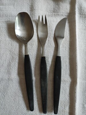 Vtg Mid-Century Gense Focus DeLuxe 18-8 Stainless SWEDEN Black Handled Flatware 