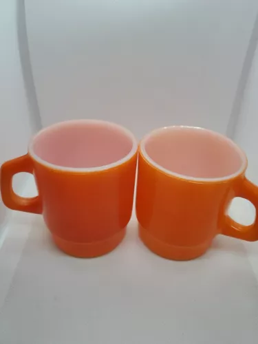  VINTAGE ANCHOR HOCKING FIRE-KING CUPS D HANDLE MUGS ORANGE SET OF 2 STACKABLE