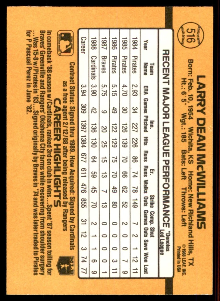 1989 Donruss Larry McWilliams St. Louis Cardinals #516 - Image 2 of 2