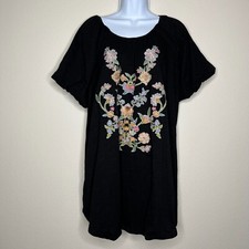 Umgee Womens Balloon Sleeve Black Embroidered Floral Boho Shift Dress Size M