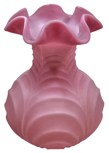 Vintage FENTON Vase Satin Pink Glass Rose Drapery Design Ruffled Rim Large 8”