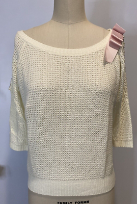 TRALALA by Liz Lisa Cream Cold Shoulder Sweater with Bow beads