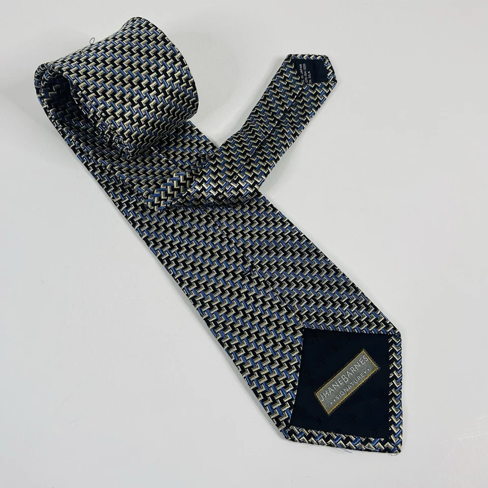 Corbata Jhane Barnes 100 % seda geométrica azul dorado tejida 3 3/4 x 59 1/2 Japón Foto 2 de 3
