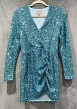 Show Me Your MuMu Party Hop Blue Sequined Long Sleeve Ruched Mini Dress Size M