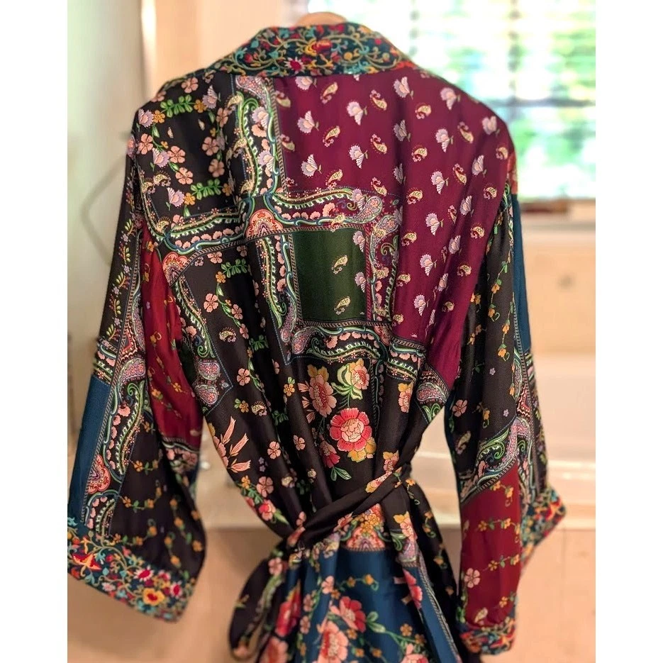 Vestido JOHNNY WAS Navajo Kimono Seda Talla S Cinturón Bordado Bolsillos Boho Asiático Foto 3 de 4