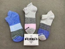 3 Pairs Bombas Honeycomb Men Tri-Block Marl Ankle Socks Size L Blue Gray