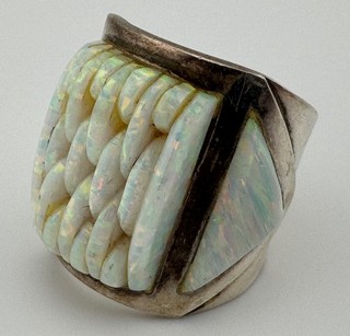 Zuni Reynetsa Leland Ring Sterling Silver Signed Opal Size 10 Vintage 16.6g