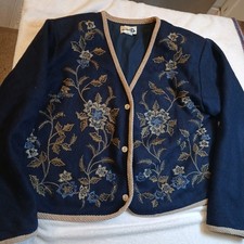 VTG Paul Harris Design Embroidered Cardigan Womens Size Medium Blue Button Rope