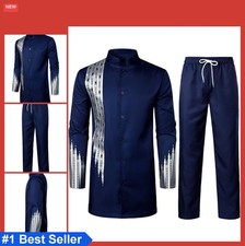 Men African Dashiki 2 Piece Suit Long Sleeve Button Up Shirt Pants
