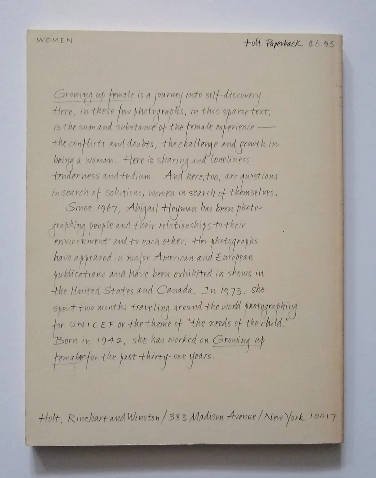 Growing Up Female A Personal Photojournal by Abigail Heyman Paperback 1stEdition - Image 2 of 4