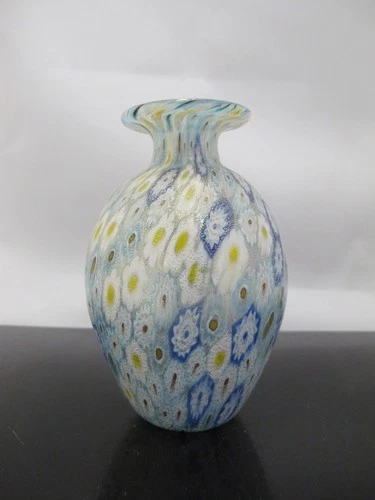MURANO Italy MILLEFIORI Thousand Flowers Blue & Gold Tones Art Glass Vase
