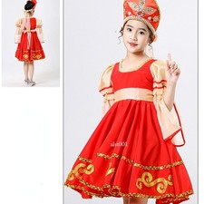 Girl Dance Dress Swing Puff Sleeve Russia Traditional Costume with Headwear Cute