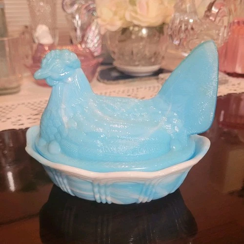VIntage Fenton Blue Glass Hen & Rooster on Nest Decorative Figurine Glossy