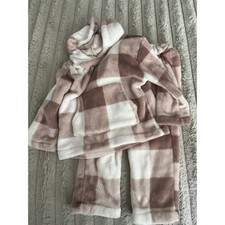 Set Kids Tan White Buffalo Plaid Fleece Pajama Set Hooded Pullover and Pants 2pc