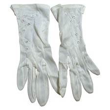 Vintage White Beaded Floral Vine Wrist Length Gloves Mid Century Bridal Formal