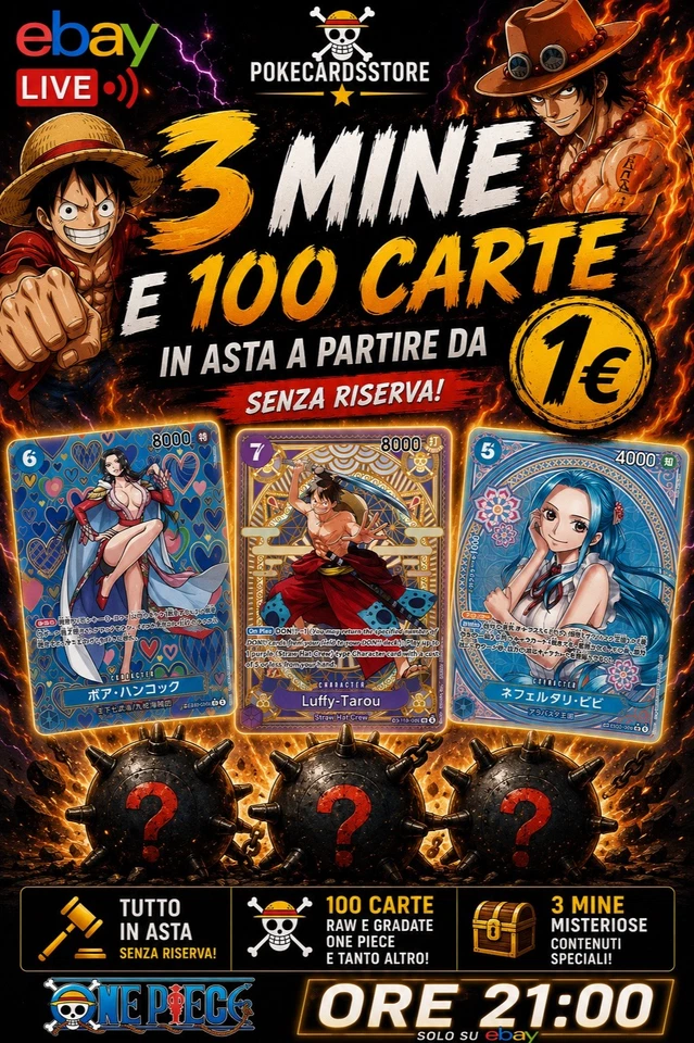 💣 3 Mine, 100 carte One Piece Raw e Gradate in asta da 1€!