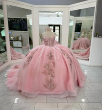 Pink Sweetheart Quinceanera Dresses Lace Up Court Train Sweet 15 16 Ball Gowns