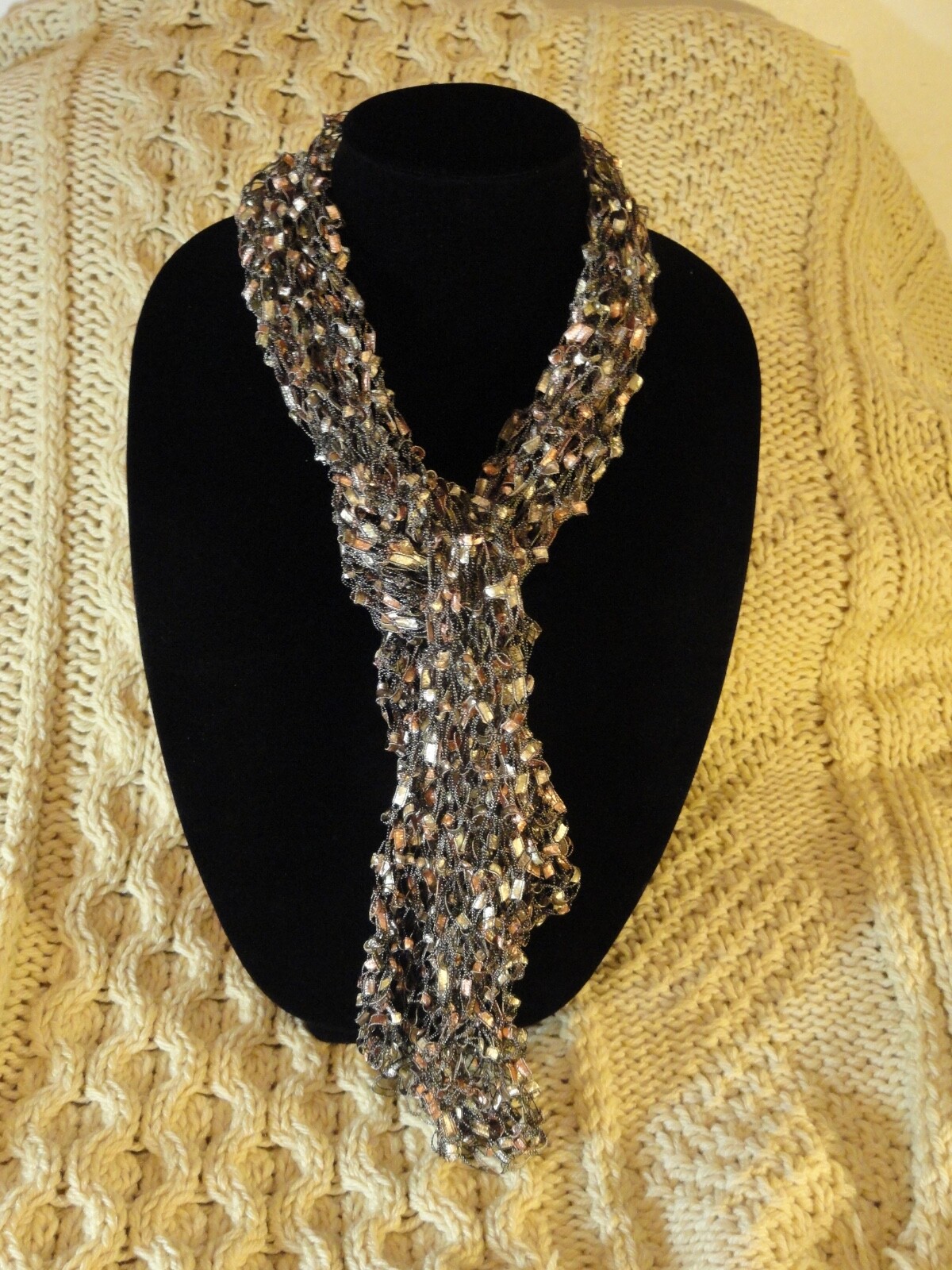 Bling Fashion Scarf, Handcrafted, Trellis Yarn, Shades of Gold plus Black