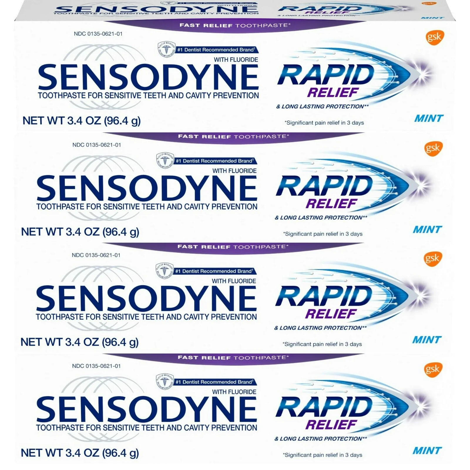 Sensodyne Rapid Relief Fluoride Mint Toothpaste, 3.4 Oz  4 P
