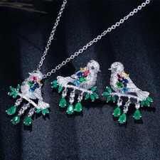 CZ Green Bird Pendant Necklace Earrings Animal Silver Plated Fine Jewerly Set