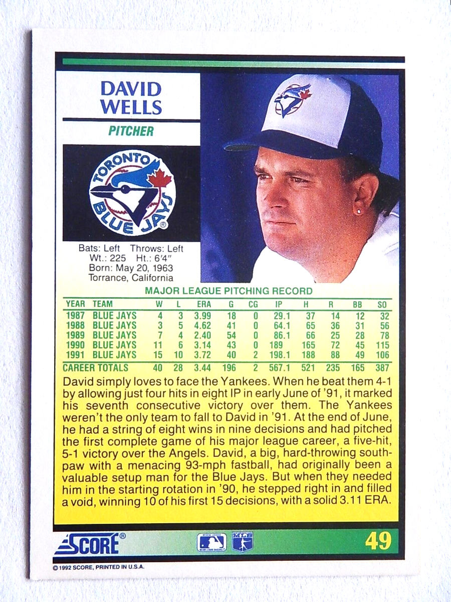 David Wells #49 Score 1992 Baseball Card (Toronto Blue Jays) E | eBay