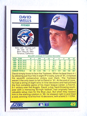 David Wells #49 Score 1992 Baseball Card (Toronto Blue Jays) E | eBay
