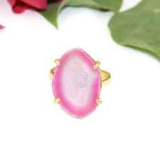Natural Druzy Pink Geode Druzy Prong Settings 24K Gold Plated Adjustable Rings