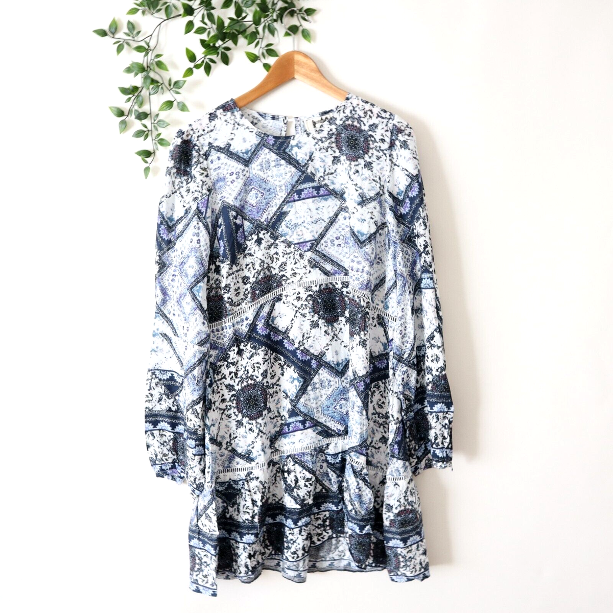 Jaase Blue White Long Sleeve Rayon Dress Size L Large | eBay