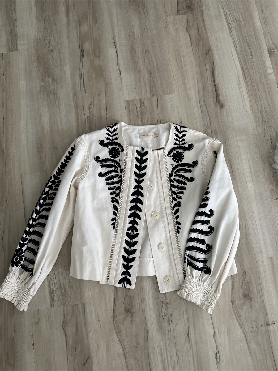 TORY BURCH Filipa Ivory Embroidered Canvas Jacket Sz Xs | eBay
