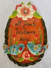 All Friends Welcome Here Wall Plaque 7" x 12" Painted Resin Field Of Flowers 