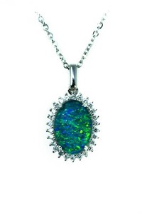 Authentic Halo Genuine Australian Triplet Opal Necklace White Gold Plated Sterling Silver