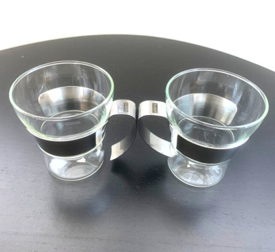 Vintage Bodum Assam Coffee Mug Set of 2 Glass + Stainless Steel Latte