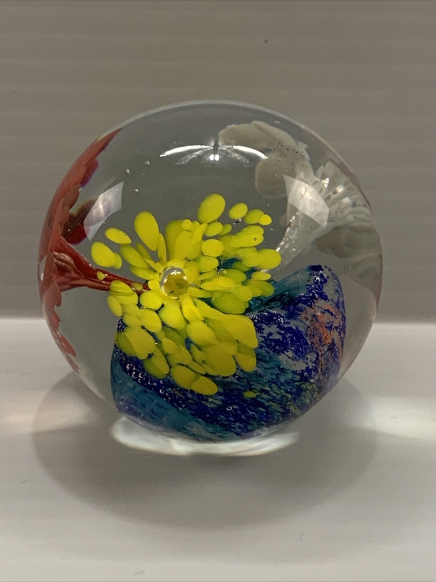 VINTAGE Handmade Paperweight Colorful Flowers Burst Hand Blown