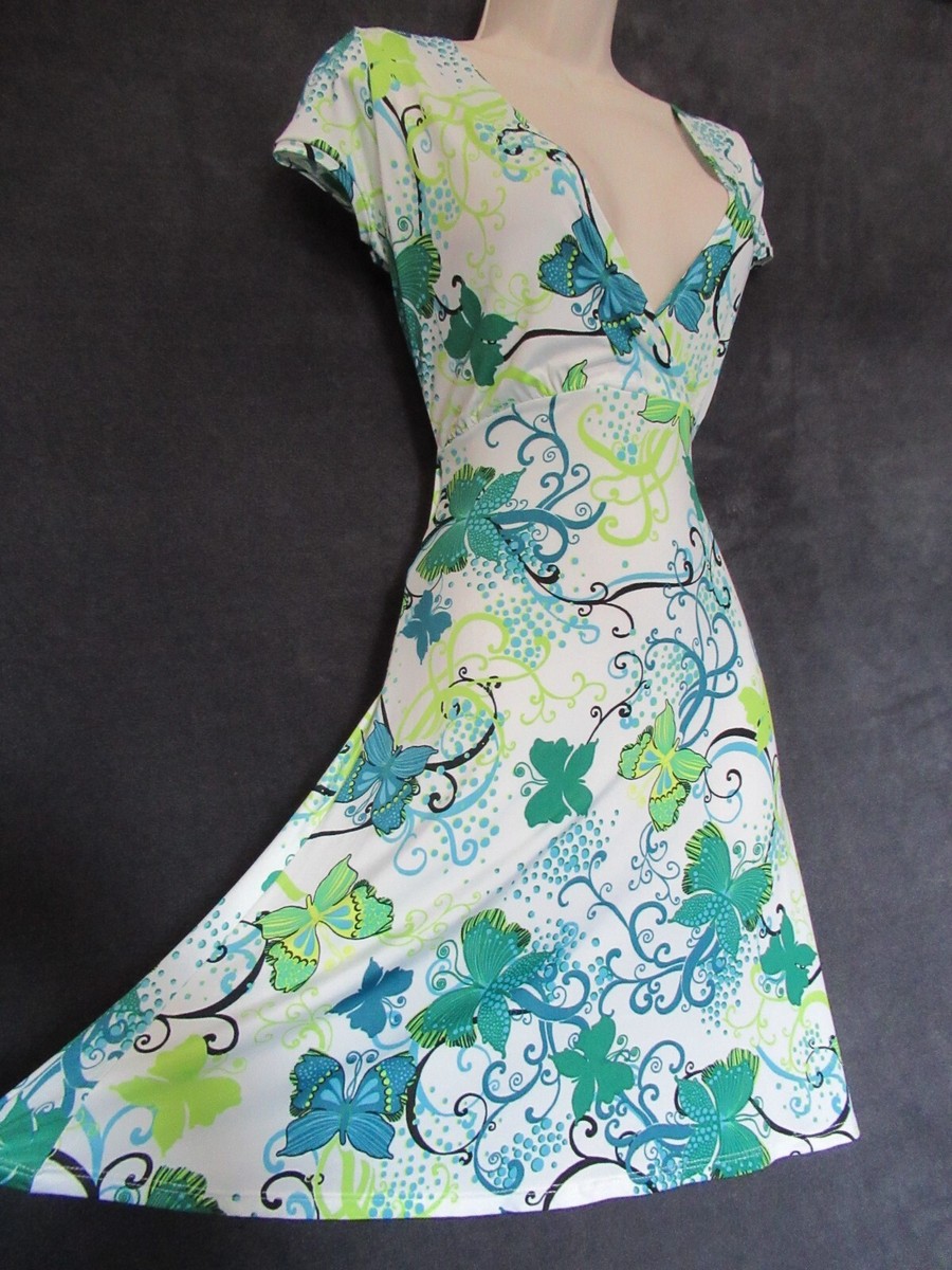 NWT Bershka Summer 2007 White Green Blue Butterfly Sexy Stretch V Mini Dress  L | eBay
