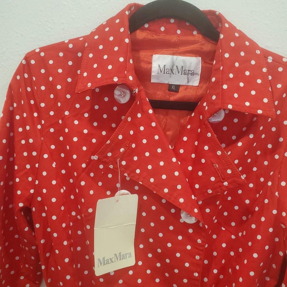 Max Mara New 90s Polka Dot Trench Coat Jacket Red Size XL NWT Lined - Image 4 of 4