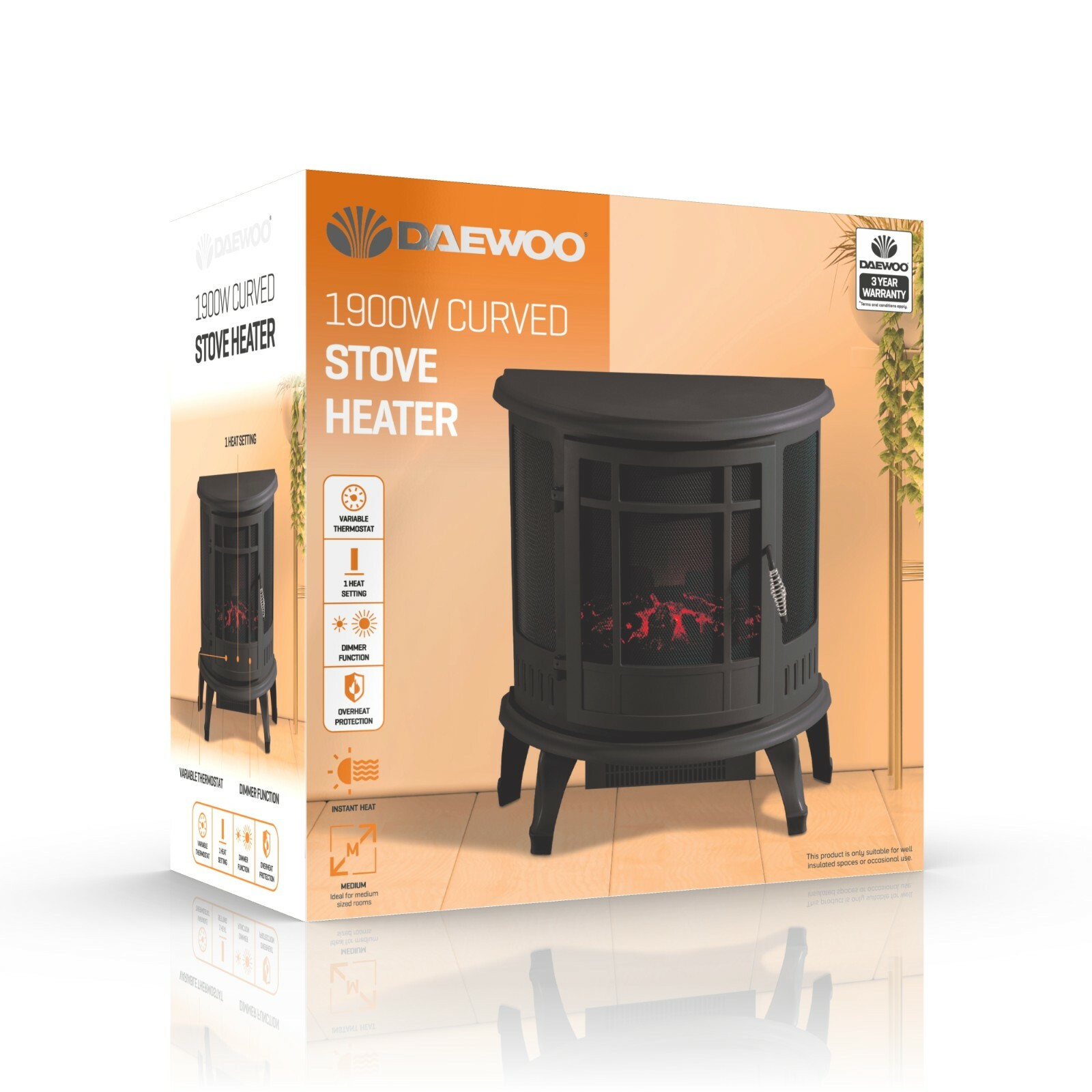 Daewoo Electric Fire Heater 1900W Curved Flame Effect Indoor Stove