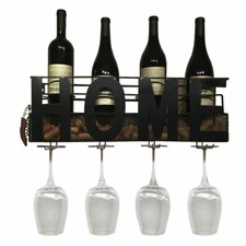 Home Wall Mount Hanging Wine Rack & Cork Holder for 4 Bottles and 4 Wine Glasses