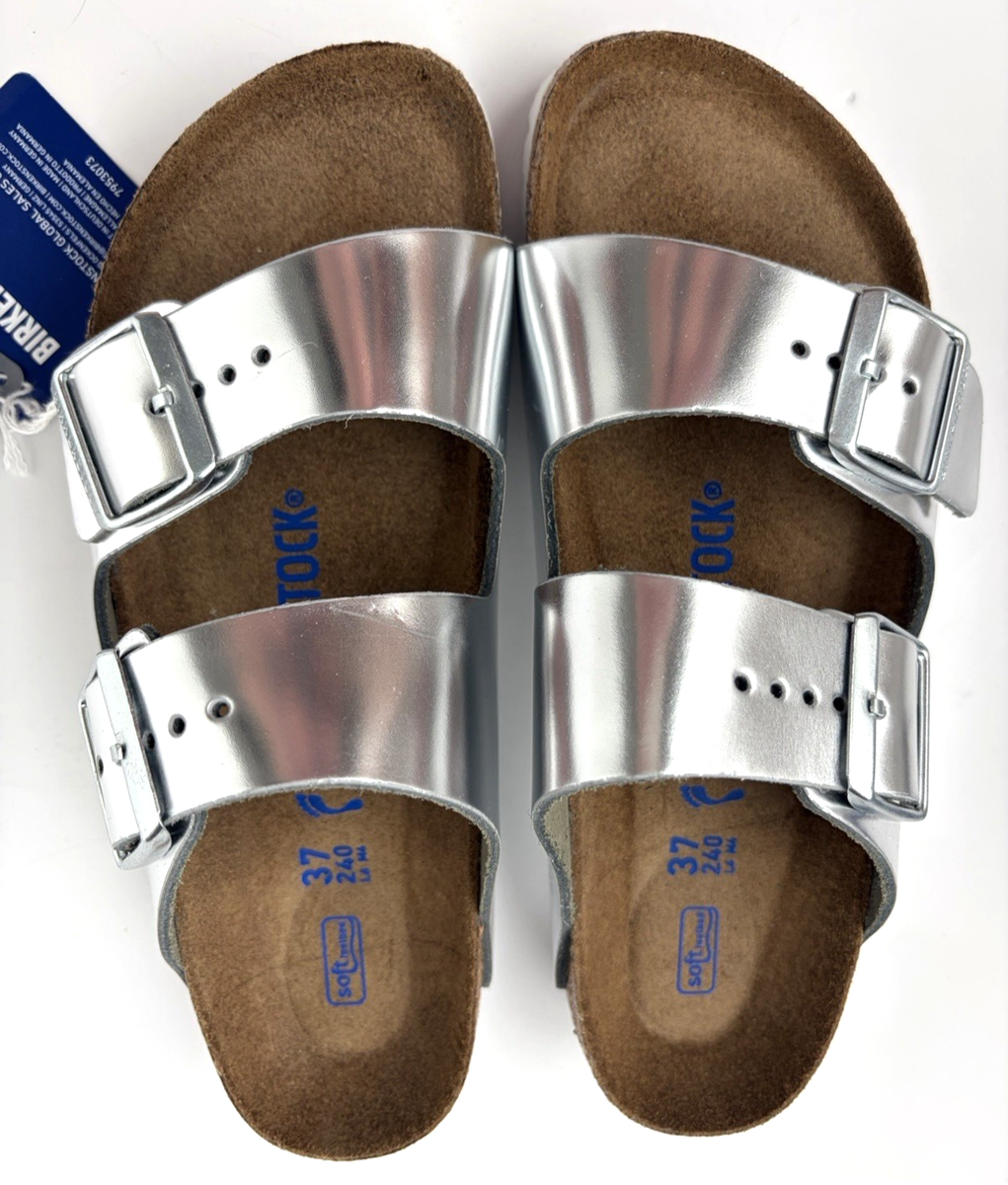 Birkenstock Arizona Metallic Silver Soft Footbed 37 Women's 6 New