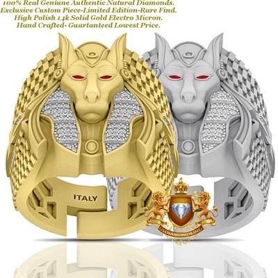 Genuine Natural Diamond Egyptian God Anubis Ankh Cross Pharaoh Pyramid Ring Band