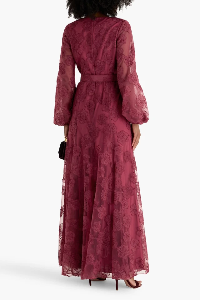 Новый, Badgley Mischka подпоясанный вышитый тюль платье в бордовый размер 12 #LD062 - Изображение 3 из 4