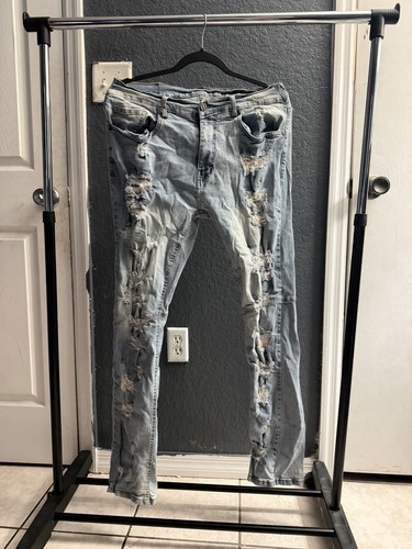 Men’s Light Wash Distressed Ripped Skinny Stretch Jeans Size 34x32