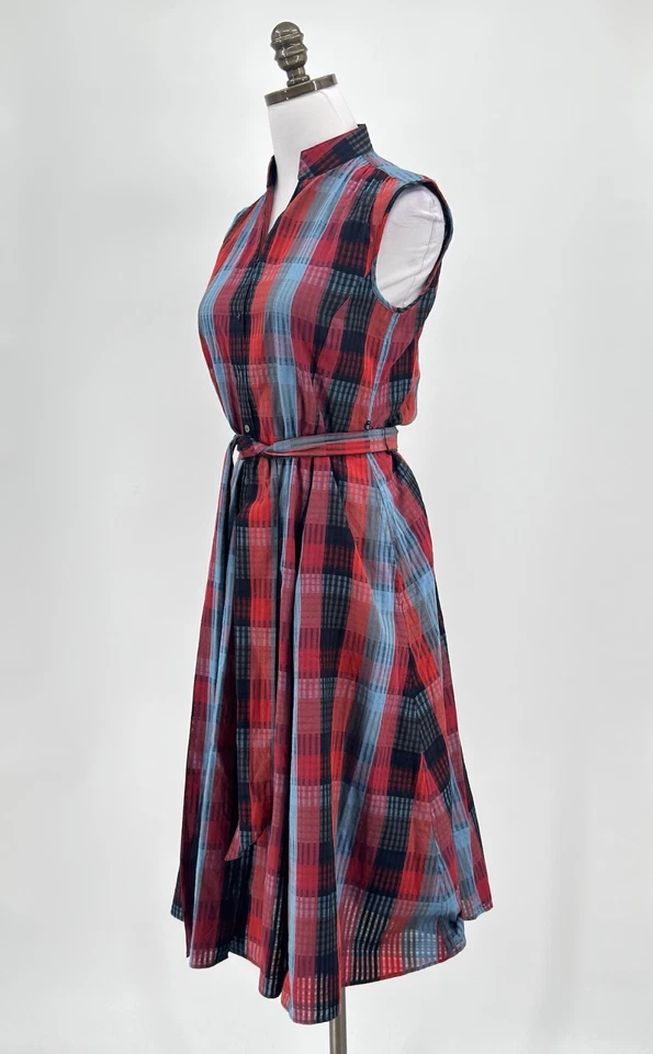 Vestido Camisa Brooks Brothers Azul Rojo A Cuadros Algodón Sin Mangas Seersucker Talla 2 Foto 4 de 4