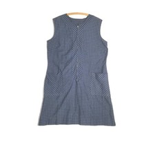Vtg 60s Plaid Dress Black Blue Gingham Cotton L Metal Zipper Front House Dress