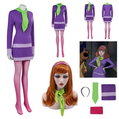 HANDGEFERTIGT Anime Scooby-Doo Daphne Blake Cosplay Costume roleplay Purple Dress+Wig fullsets