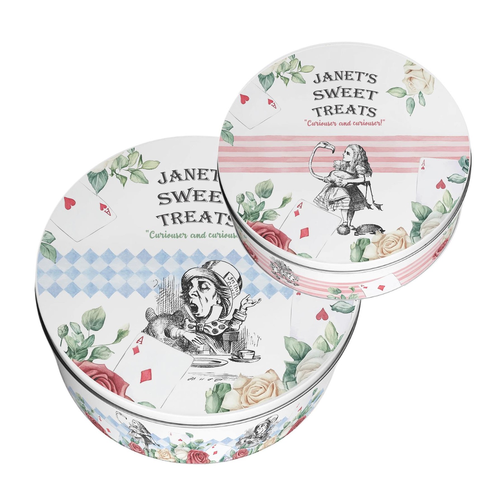 Alices Adventures in Wonderland Personalised Cake Tins - Mixed Set of 2 Gift