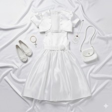 Girls White Satin Dress with Bolero Jacket Flower Sash Special Occasion Formal