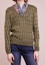 Polo Ralph Lauren Cable knit Cotton V-Neck Olive Sweater L Woman's