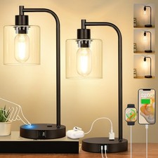 Industrial Touch Control Table Lamps 2 Pack USB C A Ports AC Outlet USB Power