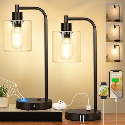 Industrial Touch Control Table Lamps 2 Pack USB C A Ports AC Outlet USB Power