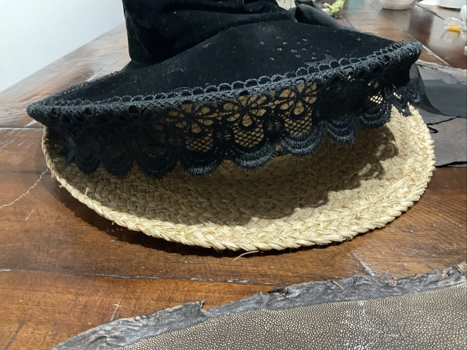 Spirit Halloween Black Slouch Witches Hat Veiled & Bow One Size Stars Moon - Image 3 of 4